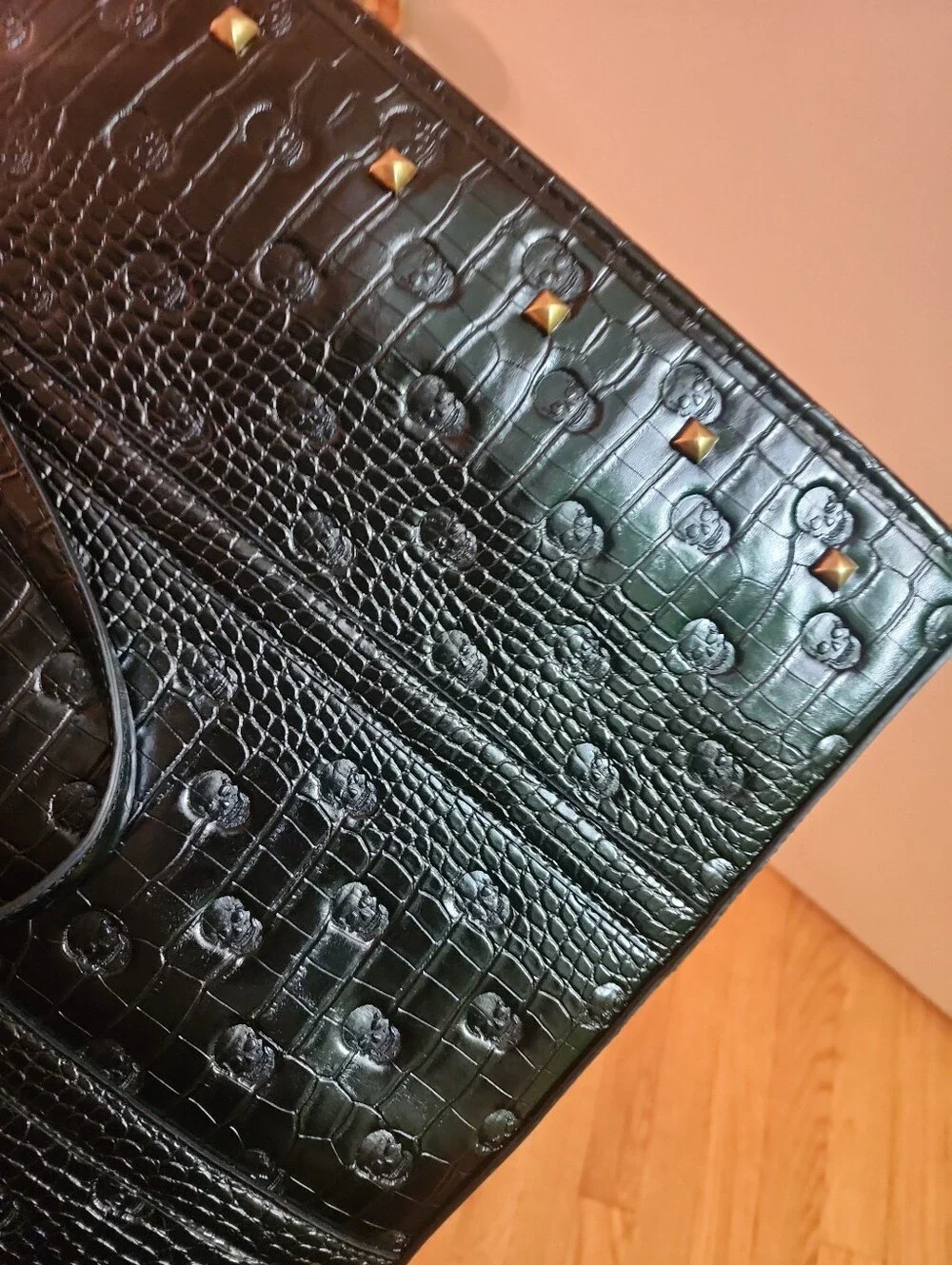 Betsy Johnson Black Croc Embossed With Skull/Gold Studs  XOMattie Tote Bag
